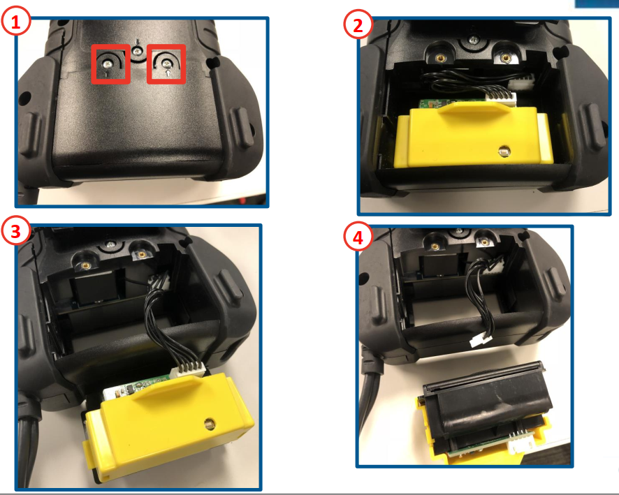 Gráfico que muestra cómo reemplazar la impresora del CPX-900 en el sitio.